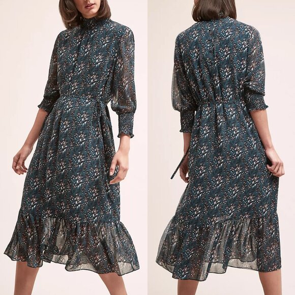 Anthropologie Seen Worn Kept Davina Leopard Belted Midi Dress Hunter Green US 8 - Picture 2 of 16
